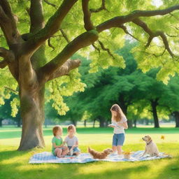 Generate an image of a summer vacation with a family having picnic in a green blooming park under a large old oak tree, kids playing frisbee and a small cute puppy running on the grass