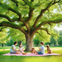 Generate an image of a summer vacation with a family having picnic in a green blooming park under a large old oak tree, kids playing frisbee and a small cute puppy running on the grass