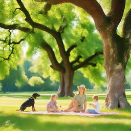 Generate an image of a summer vacation with a family having picnic in a green blooming park under a large old oak tree, kids playing frisbee and a small cute puppy running on the grass