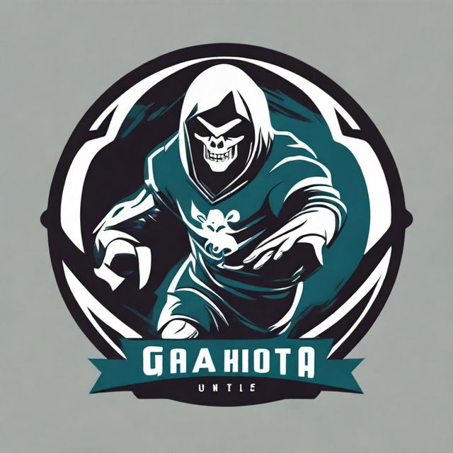 A dynamic football team logo featuring a stylized football and a ghostly figure