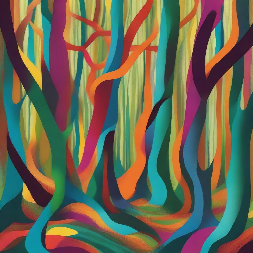 An abstract and surrealistic depiction of a forest with unusual shapes, twisted perspective and vivid, imaginative colors