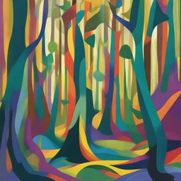 An abstract and surrealistic depiction of a forest with unusual shapes, twisted perspective and vivid, imaginative colors