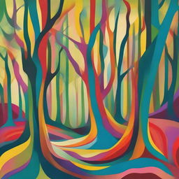 An abstract and surrealistic depiction of a forest with unusual shapes, twisted perspective and vivid, imaginative colors