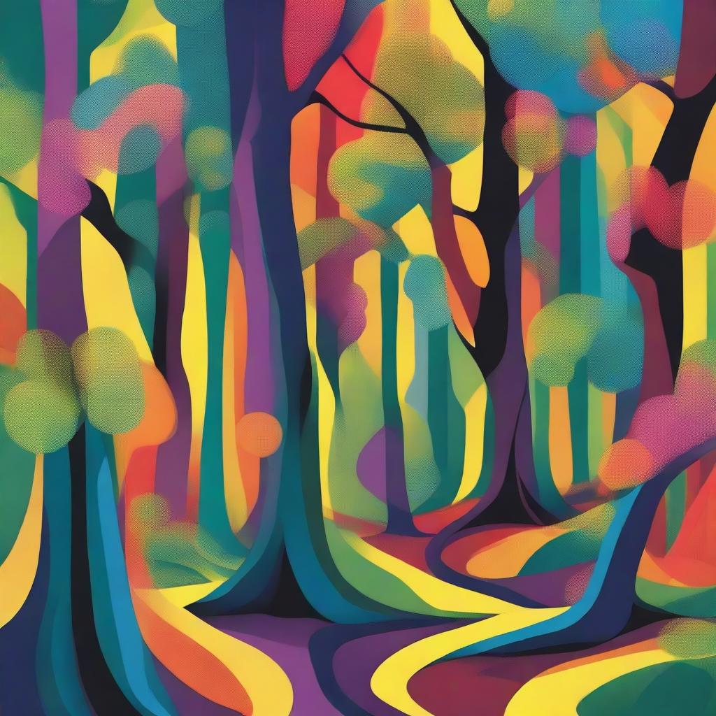 An abstract and surrealistic depiction of a forest with unusual shapes, twisted perspective and vivid, imaginative colors