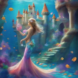 Enchanting mermaids adorned with seashell ornaments, their colorful tails glistening in the light, with a backdrop of mesmerizing underwater castles.