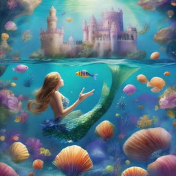 Enchanting mermaids adorned with seashell ornaments, their colorful tails glistening in the light, with a backdrop of mesmerizing underwater castles.