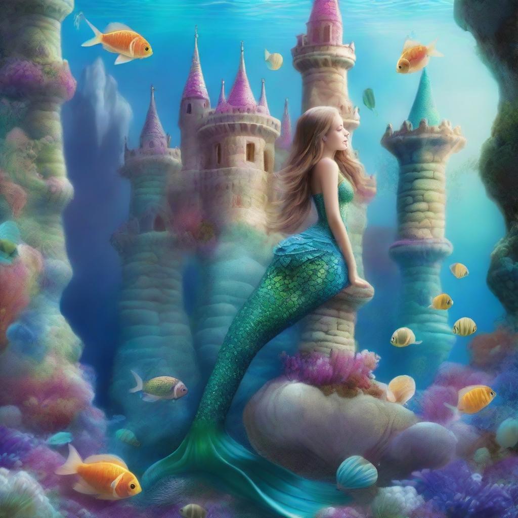 Enchanting mermaids adorned with seashell ornaments, their colorful tails glistening in the light, with a backdrop of mesmerizing underwater castles.