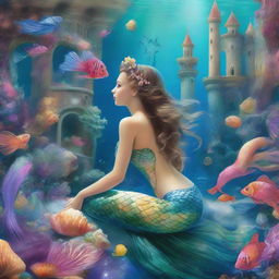 Enchanting mermaids adorned with seashell ornaments, their colorful tails glistening in the light, with a backdrop of mesmerizing underwater castles.