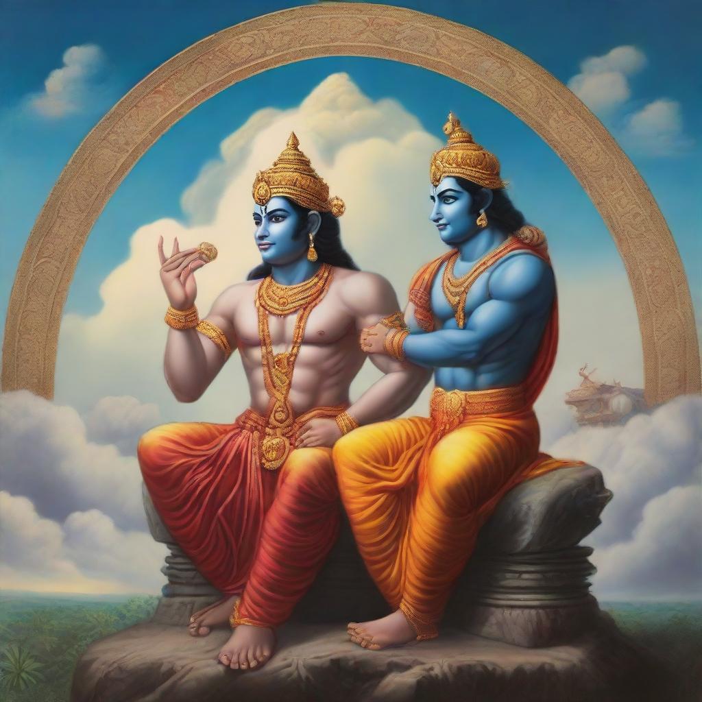 A detailed portrait of Lord Ram and Hanuman engaged in a peaceful conversation under a calming sky, elements of traditional Hindu art visible in their attire and surroundings.