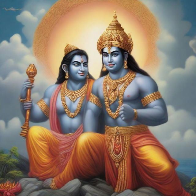 A detailed portrait of Lord Ram and Hanuman engaged in a peaceful conversation under a calming sky, elements of traditional Hindu art visible in their attire and surroundings.