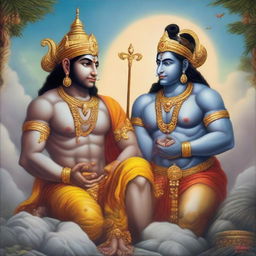 A detailed portrait of Lord Ram and Hanuman engaged in a peaceful conversation under a calming sky, elements of traditional Hindu art visible in their attire and surroundings.