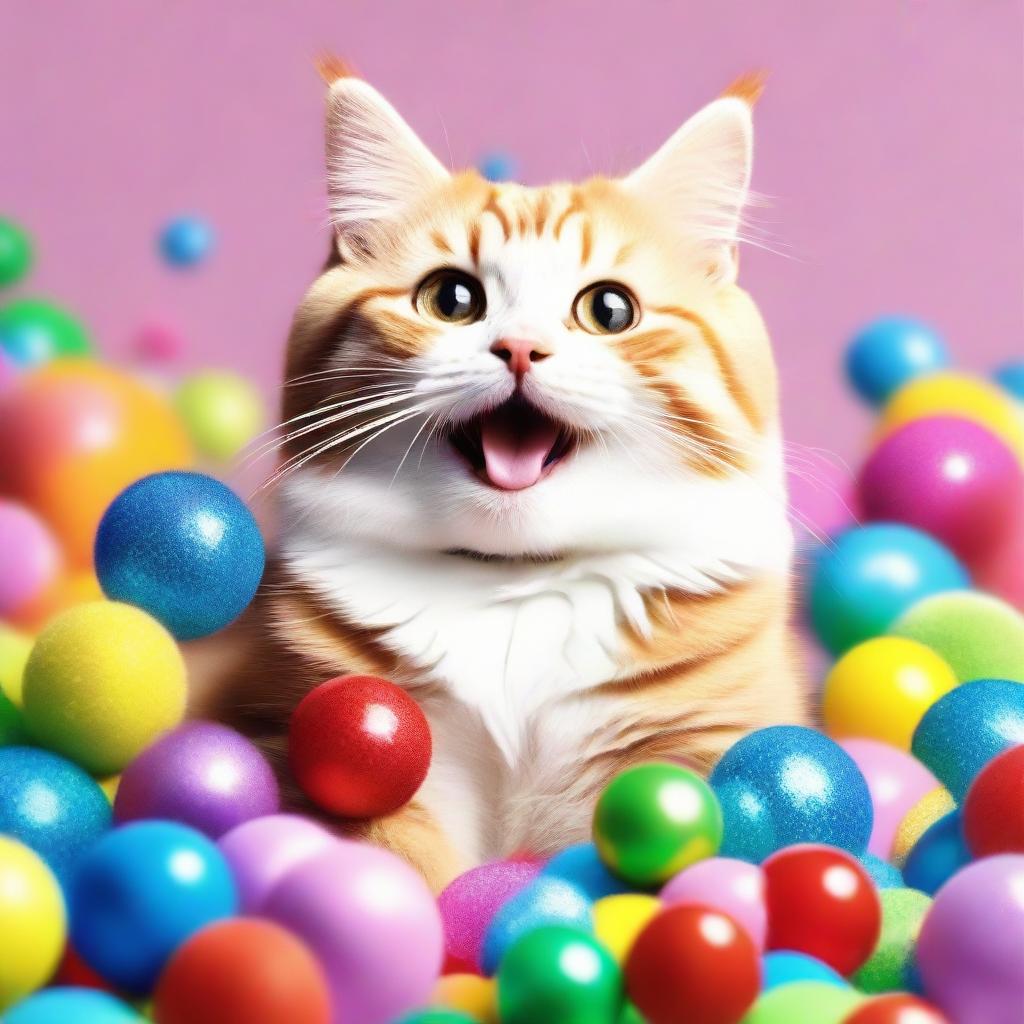 A delightful image of a happy, fluffy cat with sparkling eyes and a big smile on its face, surrounded by colorful toys.