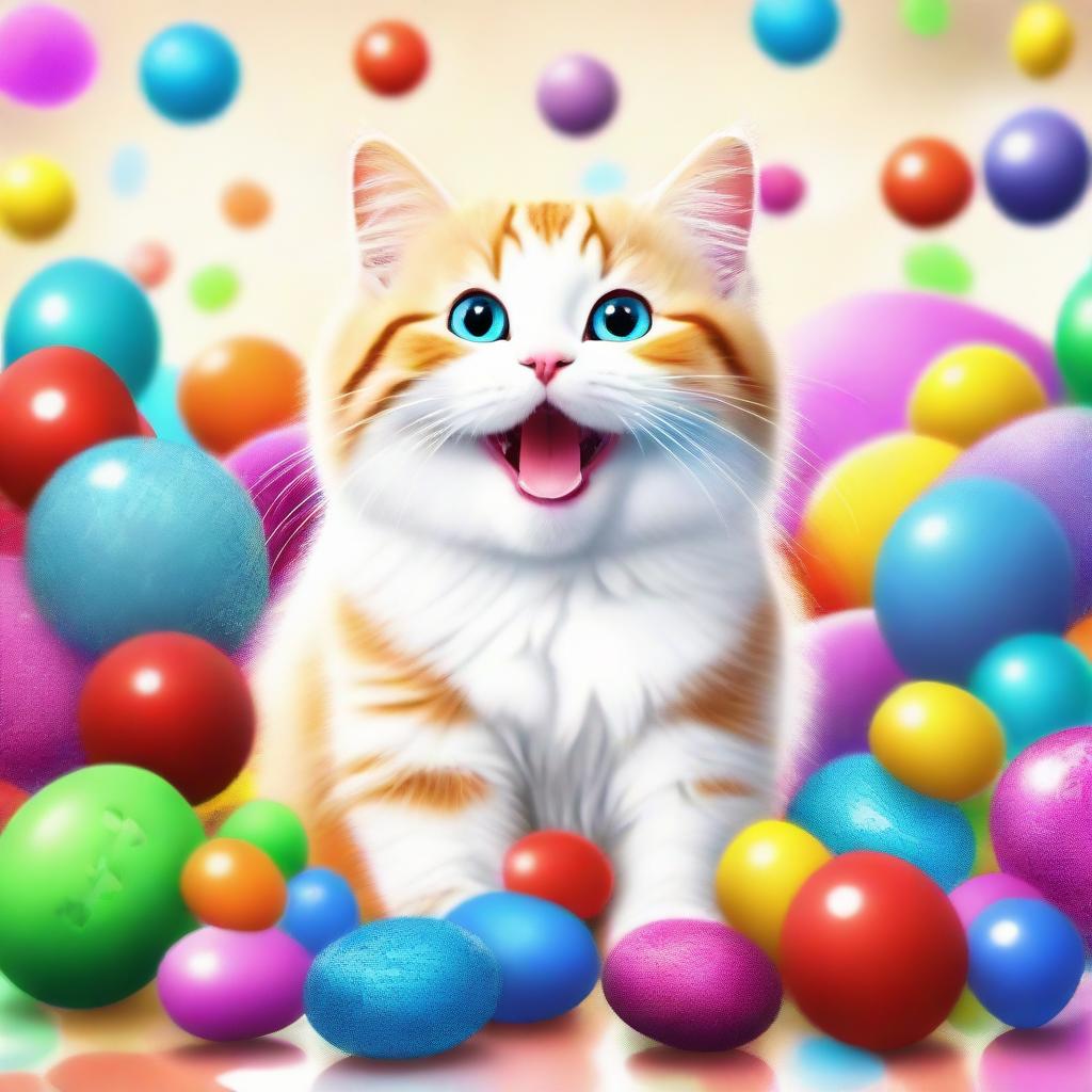 A delightful image of a happy, fluffy cat with sparkling eyes and a big smile on its face, surrounded by colorful toys.