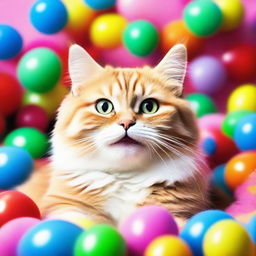 A delightful image of a happy, fluffy cat with sparkling eyes and a big smile on its face, surrounded by colorful toys.