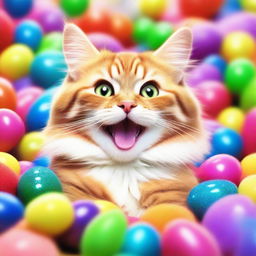 A delightful image of a happy, fluffy cat with sparkling eyes and a big smile on its face, surrounded by colorful toys.