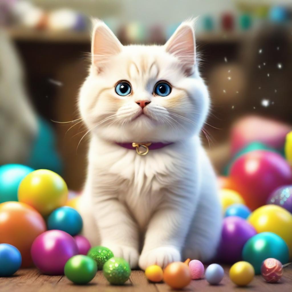 Enhance the original image by adding even greater detail: the cat's fur is fluffier, its smile wider and eyes more sparkling, with even more toys scattered around in a joyful setting.