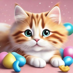 Enhance the original image by adding even greater detail: the cat's fur is fluffier, its smile wider and eyes more sparkling, with even more toys scattered around in a joyful setting.