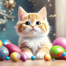 Enhance the original image by adding even greater detail: the cat's fur is fluffier, its smile wider and eyes more sparkling, with even more toys scattered around in a joyful setting.