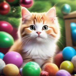 Enhance the original image by adding even greater detail: the cat's fur is fluffier, its smile wider and eyes more sparkling, with even more toys scattered around in a joyful setting.