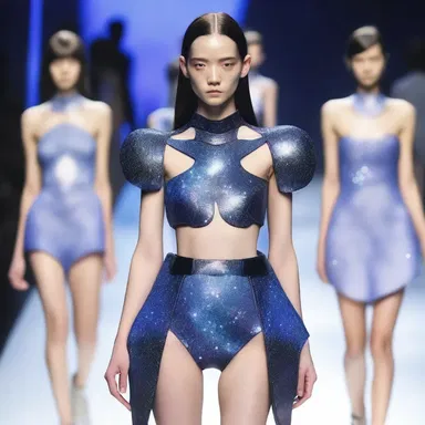 The designer showcased a collection inspired by the cosmic eon, using galaxy prints and futuristic shapes.