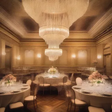 The elegant chandelier hanging from the ceiling featured an exquisite guilloche design, enhancing the opulence of the ballroom.