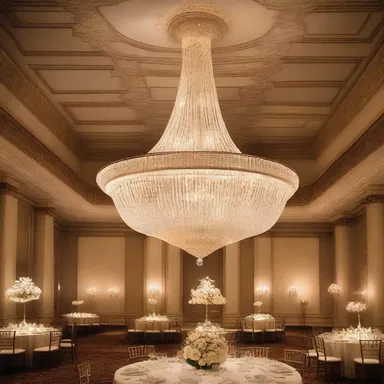 The elegant chandelier hanging from the ceiling featured an exquisite guilloche design, enhancing the opulence of the ballroom.