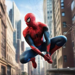 Spider-Man majestically releasing a web shot in the foreground of the image, set against an urban cityscape.