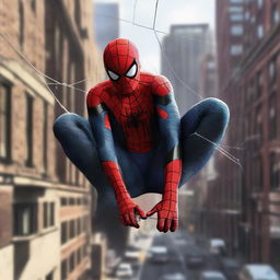 Spider-Man majestically releasing a web shot in the foreground of the image, set against an urban cityscape.