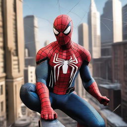 Spider-Man majestically releasing a web shot in the foreground of the image, set against an urban cityscape.