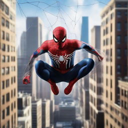 Spider-Man majestically releasing a web shot in the foreground of the image, set against an urban cityscape.