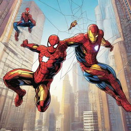 Spider-Man and Iron Man side by side, with Spider-Man shooting webs and Iron Man in his iconic suit, set against a dynamic city background.