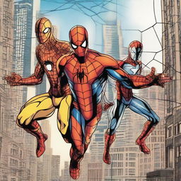 Spider-Man and Iron Man side by side, with Spider-Man shooting webs and Iron Man in his iconic suit, set against a dynamic city background.