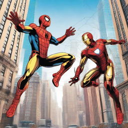 Spider-Man and Iron Man side by side, with Spider-Man shooting webs and Iron Man in his iconic suit, set against a dynamic city background.