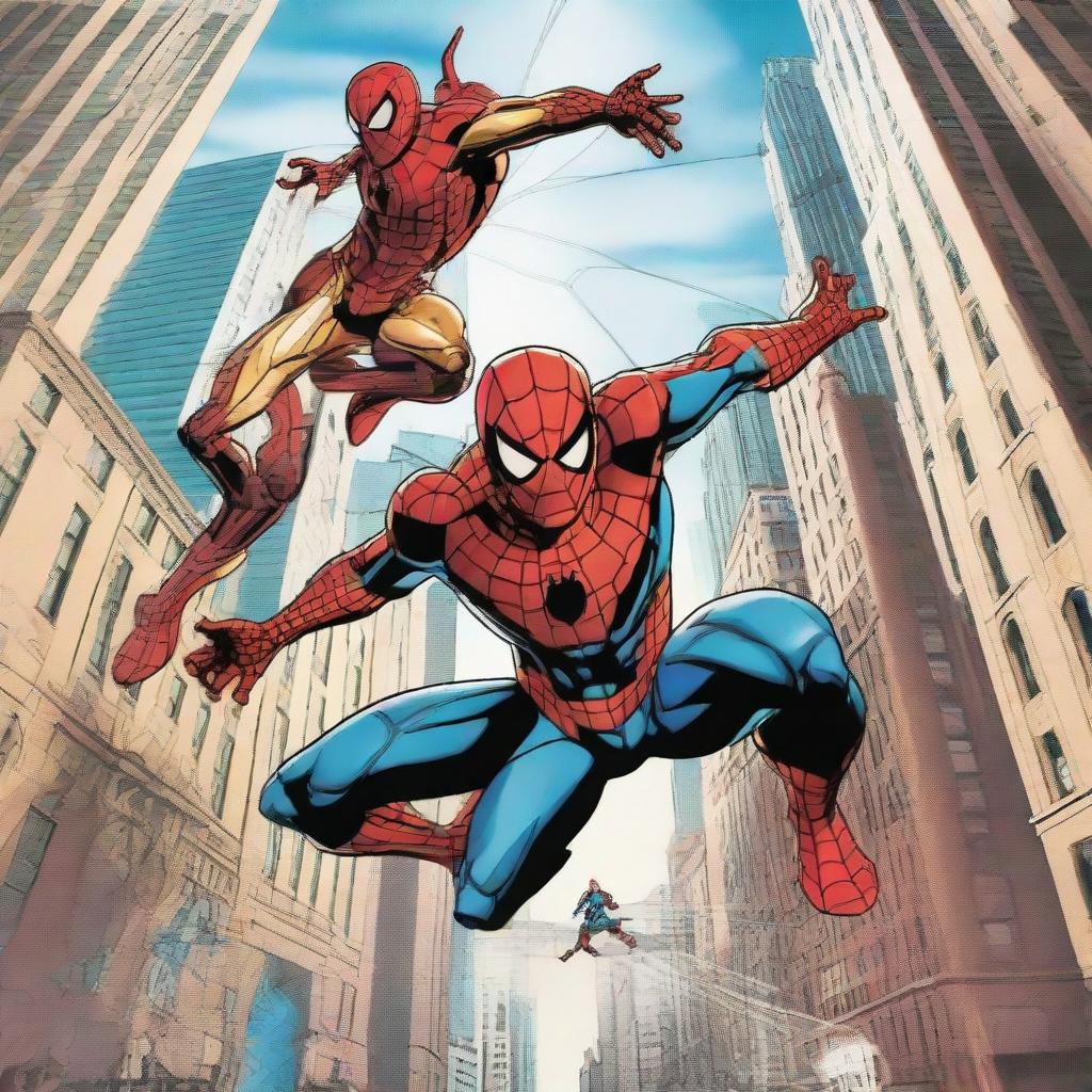 Spider-Man and Iron Man side by side, with Spider-Man shooting webs and Iron Man in his iconic suit, set against a dynamic city background.