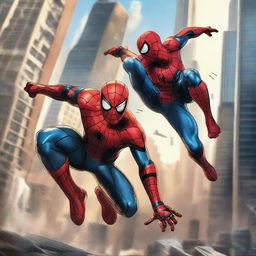 Dynamic action-packed scene of Spider-Man and Iron Man teaming up, engaged in an exciting battle amidst a chaotic cityscape.