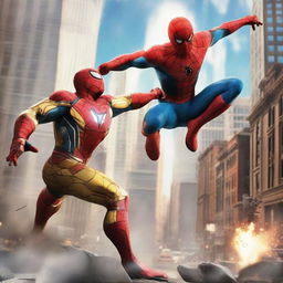 Dynamic action-packed scene of Spider-Man and Iron Man teaming up, engaged in an exciting battle amidst a chaotic cityscape.