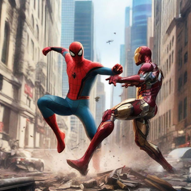 Dynamic action-packed scene of Spider-Man and Iron Man teaming up, engaged in an exciting battle amidst a chaotic cityscape.