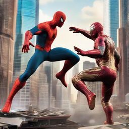 Dynamic action-packed scene of Spider-Man and Iron Man teaming up, engaged in an exciting battle amidst a chaotic cityscape.