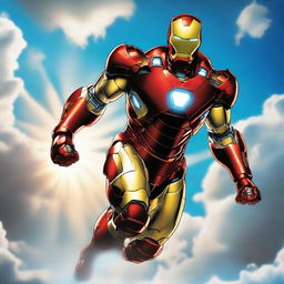 Iron Man, encased in his iconic armor, soaring through the cerulean sky, with clouds and the sun trailing behind.