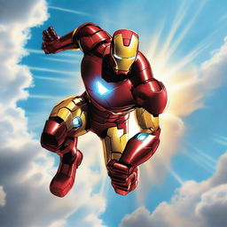 Iron Man, encased in his iconic armor, soaring through the cerulean sky, with clouds and the sun trailing behind.