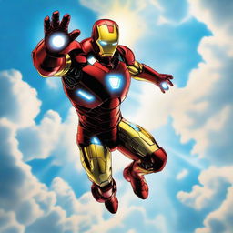 Iron Man, encased in his iconic armor, soaring through the cerulean sky, with clouds and the sun trailing behind.