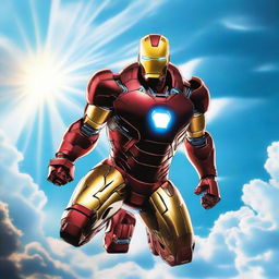 Iron Man, encased in his iconic armor, soaring through the cerulean sky, with clouds and the sun trailing behind.