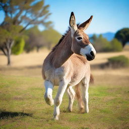 A donkey joyfully dancing in a grassy meadow under a clear blue sky.