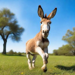 A donkey joyfully dancing in a grassy meadow under a clear blue sky.