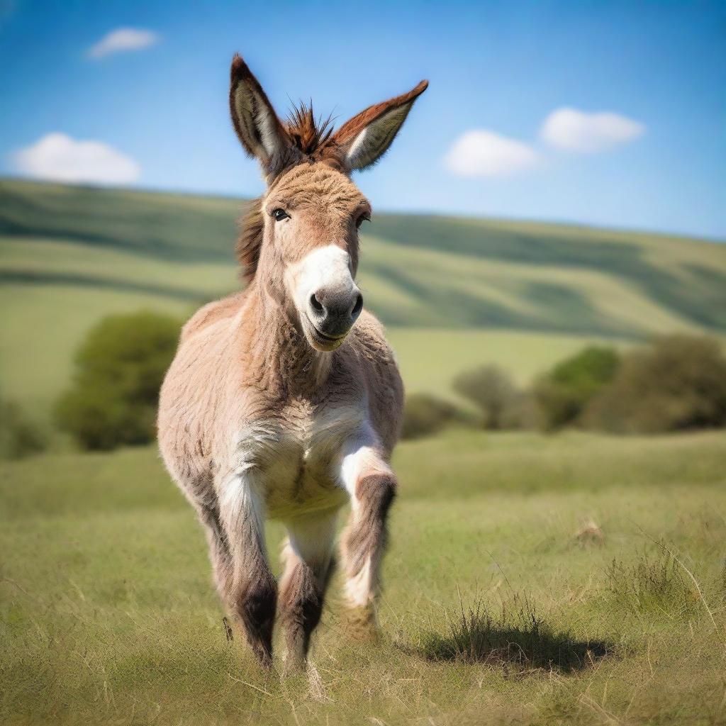 A donkey joyfully dancing in a grassy meadow under a clear blue sky.