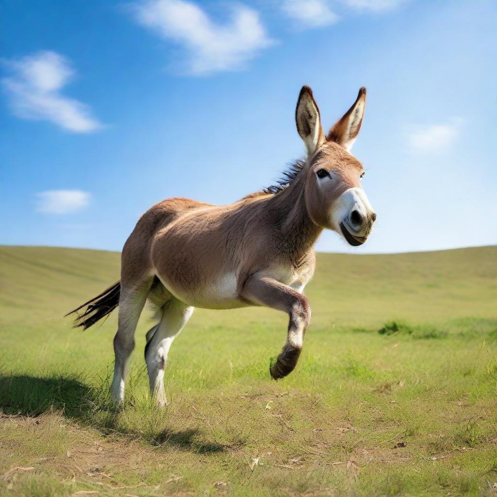 A donkey joyfully dancing in a grassy meadow under a clear blue sky.