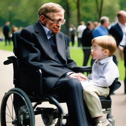 Professor Stephen Hawking sitting in his wheelchair, engaged in a lively discussion with a curious little child beside him.