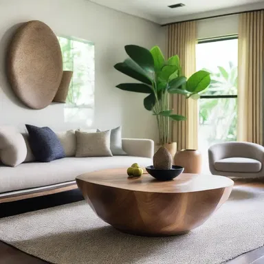 The modern and minimalist living room featured a stunning centerpiece: a beautifully carved mangosteen wood coffee table.