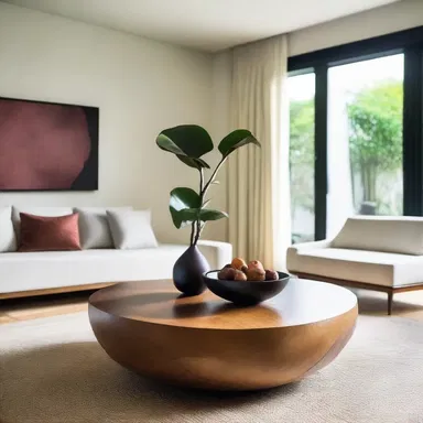 The modern and minimalist living room featured a stunning centerpiece: a beautifully carved mangosteen wood coffee table.