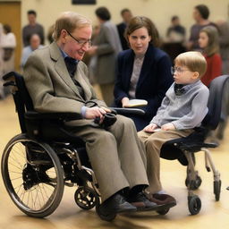 Professor Stephen Hawking sitting in his wheelchair, engaged in a lively discussion with a curious little child beside him.